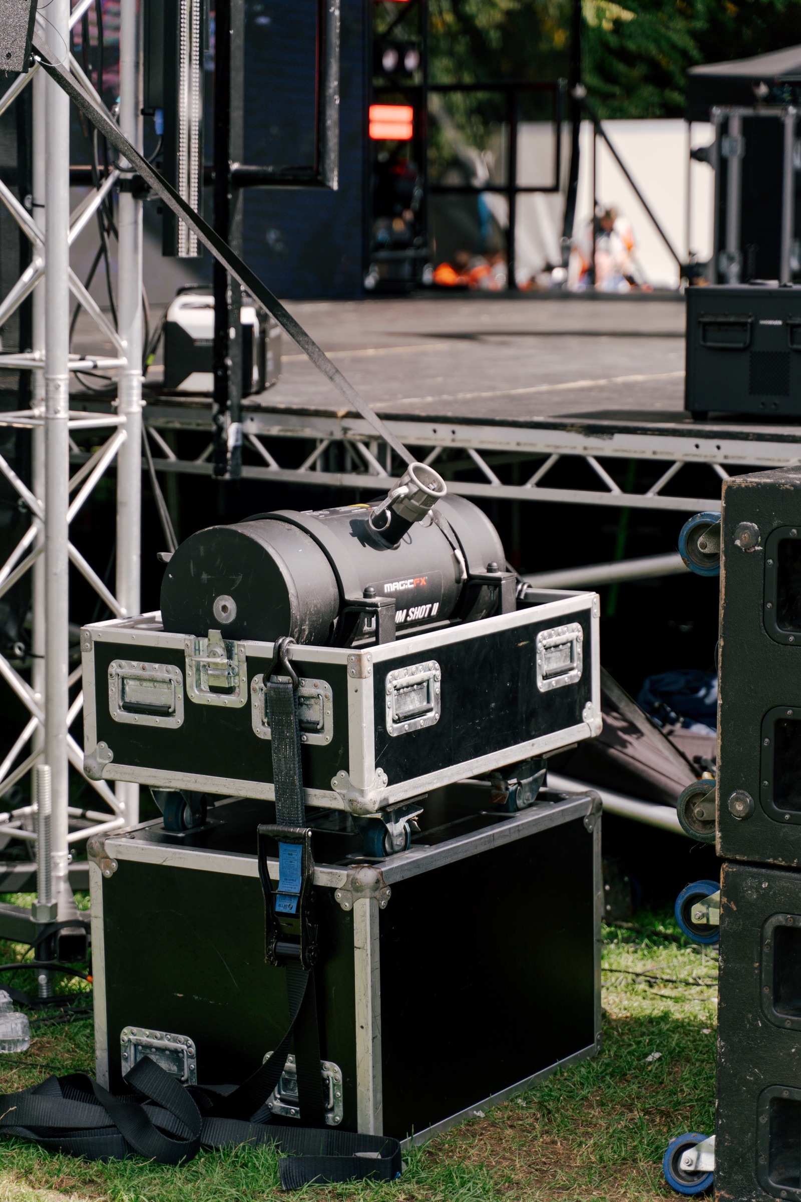 Special-effects unit positioned beside the Leicester Pride 2026 stage