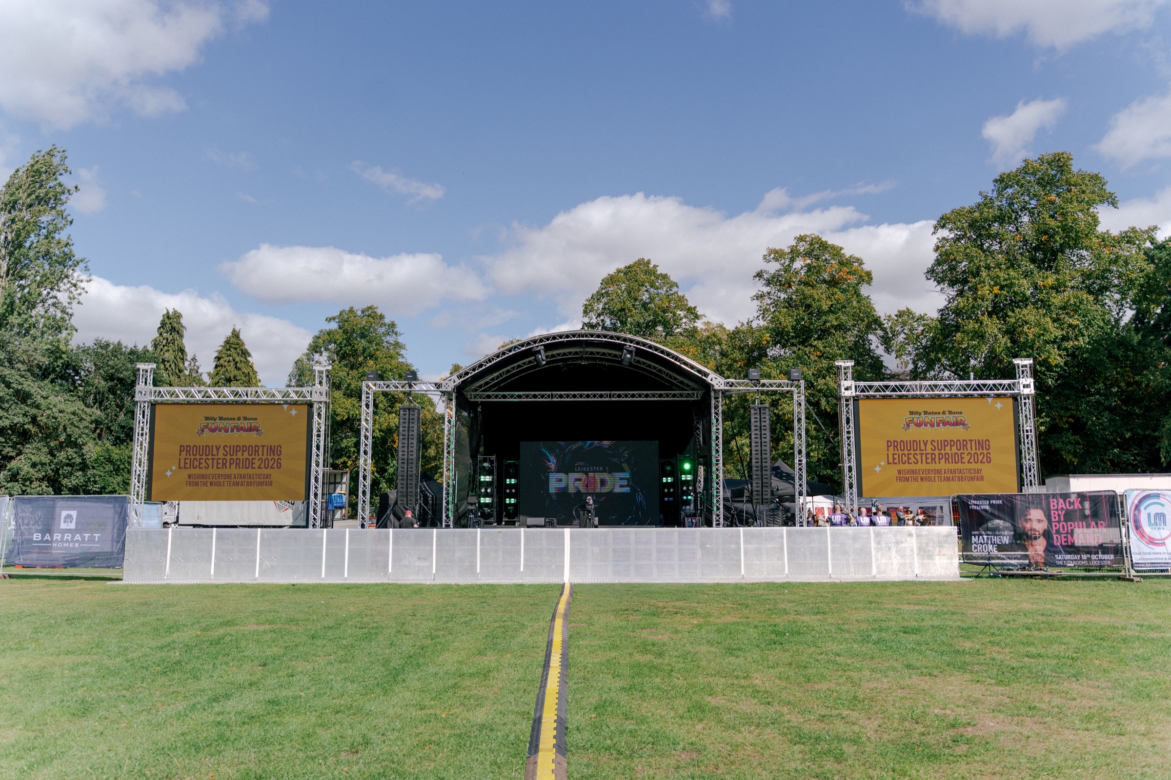 Leicester Pride 2026 stage, screens and crowd barriers before the audience arrived